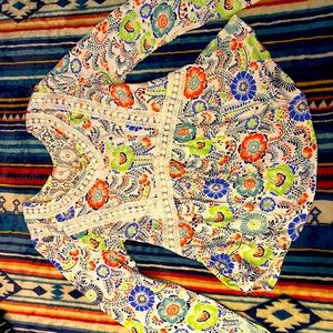 Crochet Floral Lace Bell Sleeve Peasant Blouse Size L